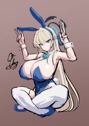 1girls 9is alternate_breast_size blonde_hair blue_archive blue_eyes breasts bunny_ears bunny_girl bunnysuit cleavage double_peace_sign double_v female highleg_leotard huge_breasts leotard light-skinned_female light_skin long_hair peace_sign thighs toki_(blue_archive) toki_(bunny)_(blue_archive) v w_arms white_hair