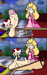 1boy 1girls 2koma blonde_female blonde_hair comic female hyper_penis male mario_(series) meme nintendo princess_peach shorter_male small_but_hung super_mario_64 table taller_female toad_(mario) unamused unimpressed video_games voidsdroids watermark what