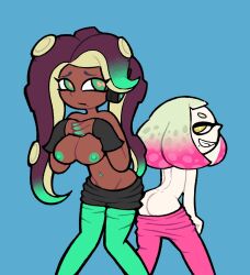 ass breasts dark_skin embarrassed green_eyes hands_on_breasts headphones inkling krusha64612042 large_breasts leggings leggings_down marina_(splatoon) navel_piercing nintendo octoling pearl_(splatoon) petite presenting_breasts skinny smug splatoon splatoon_2 tblb203 tentacle_hair topless unusual_pupils