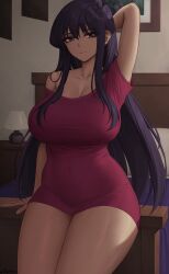 1girls alternate_body_type alternate_breast_size black_hair breasts female hips huge_breasts indoors komi-san_wa_komyushou_desu komi_shouko long_hair sleepwear smile thick_thighs thighs tight_clothing wide_hips zaphn