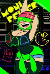 1girls 2023 asian asian_female atomickingboo bandai_namco bangs bangs_over_eyes big_breasts breasts cleavage eyes_covered female gamer_girl ghost green_hair hair_over_eyes maze moni_peiper namco pac-man pac-man_(series) shorts tank_top thighhighs