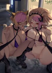 2girls animal_ears bikini_top bottomless breasts brown_hair citti_(show_by_rock!!) female hi_res huge_breasts kemonomimi leash leash_pull light-skinned_female light_skin lyna_(show_by_rock!!) medium_hair monobe monobe_yuri multiple_girls naughty_face pink_hair pussy pussy_juice show_by_rock!! spread_legs squatting suggestive_look thick_thighs two_tone_hair uncensored wet_pussy