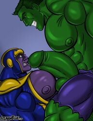 2boys balls big_penis erection gay green_body green_skin hi_res hulk_(series) icemanblue looking_at_another male male/male male_only marvel marvel_comics muscles muscular muscular_male partially_clothed pecs penis purple_body purple_skin thanos