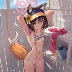 animal_ear_fluff animal_ears armpits arms_behind_head bikini blue_archive bottomless bra bra_removed breasts brown_hair changing changing_clothes changing_room cleft_of_venus denim_shorts female female_only fox_ears fox_girl fox_tail izuna_(blue_archive) izuna_(swimsuit)_(blue_archive) navel nipples scarf short_hair shorts small_breasts special_cat standing swimsuit tail tanlines tanned untied_bikini yellow_eyes
