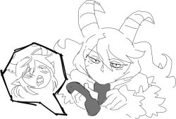 1boy 1girls anten artist_request blowjob demon_boy demon_girl demon_horns fellatio funamusea handjob handjob_while_sucking horns lil_(funamusea) long_hair monochrome obsolete_dream penis sketch straight