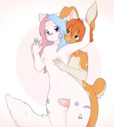 absurd_res anthro asusya blue_eyes blue_hair blush breasts digital_media_(artwork) domestic_cat duo erection felid feline felis female fur genitals hair hi_res humanoid_genitalia humanoid_penis lagomorph leporid male male/female mammal nipples nude orange_body orange_hair penis pink_hair pussy rabbit risha_(asusya) sex shaded simple_background small_breasts smile thigh_sex white_body white_fur wide_hips