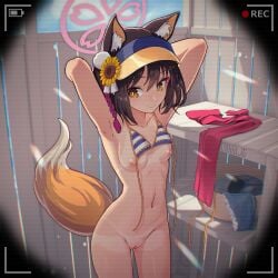animal_ear_fluff animal_ears armpits arms_behind_head battery_indicator bikini blue_archive bottomless bra bra_removed breasts brown_hair camera changing changing_clothes changing_room cleft_of_venus denim_shorts female female_only fox_ears fox_girl fox_tail hidden_camera izuna_(blue_archive) izuna_(swimsuit)_(blue_archive) navel nipples recording scarf short_hair shorts small_breasts special_cat standing swimsuit tail tanlines tanned untied_bikini visor_cap voyeur voyeurism yellow_eyes