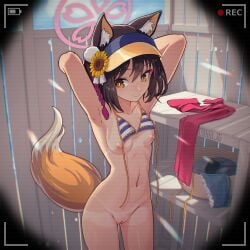 animal_ear_fluff animal_ears armpits arms_behind_head battery_indicator bikini blue_archive bottomless bra bra_removed breasts brown_hair camera changing changing_clothes changing_room cleft_of_venus denim_shorts female female_only fox_ears fox_girl fox_tail hidden_camera izuna_(blue_archive) izuna_(swimsuit)_(blue_archive) navel nipples pussy recording scarf short_hair shorts small_breasts special_cat standing swimsuit tail tanline tanlines tanned uncensored untied_bikini visor_cap voyeur voyeurism yellow_eyes