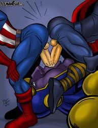 3boys ass avengers balls captain_america clothed clothing cum_in_mouth cum_inside double_penetration ejaculation erection faceless_male gay hi_res icemanblue interspecies looking_at_another male male/male/male male_only marvel marvel_comics muscular penetration purple_body purple_skin sex sweat thanos