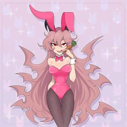 1girls bunny_ears bunnysuit carrot demon demon_girl demon_horns demon_wings fake_animal_ears fake_rabbit_ears female_only funamusea gallaxi holding holding_object horns large_breasts lil_(funamusea) long_hair pink_hair playboy_bunny red_eyes saliva sexually_suggestive solo source_request suggestive wide_hips wings