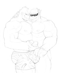 anthro ape balls bara barazoku boner donkey_kong donkey_kong_(series) erection frottage funky_kong furry gay gorilla headkerchief islate_(artist) male male_focus male_only monochrome muscles muscular nintendo nude penis penis_out sunglasses underwear