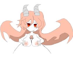 1boy 1girls artist_request demon demon_girl demon_horns funamusea horns huge_breasts lil_(funamusea) long_hair paizuri pink_hair pov red_eyes sketch source_request straight