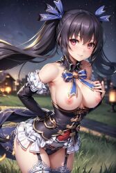 ai_generated big_breasts black_hair blue_ribbon city female grass hand_on_breast hi_res katakage neptunia_(series) night nipples noire panties red_eyes stable_diffusion standing thighhighs