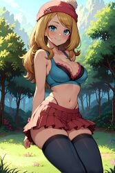 ai_generated arms_behind_back blonde_hair blue_eyes blush bra cleavage collarbone curvy facing_forward facing_viewer female female_only forest g-string hi_res highres lace_bra looking_at_viewer mountain nature navel outdoors pokemon posing red_beanie red_skirt seraphim_ai serena_(pokemon) smile solo stable_diffusion standing sunlight thighhighs