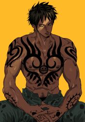 bags_under_eyes black_hair chest_tattoo facial_hair goatee long_sideburns looking_at_viewer male male_only muscular muscular_male nok_1 one_piece pubic_hair_peek sideburns solo tan_skin tattoo tattoos topless topless_male trafalgar_law yellow_background yellow_eyes