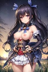 ai_generated big_breasts black_hair blue_ribbon city female grass hand_on_hips hi_res katakage neptunia_(series) night nipples noire red_eyes skirt stable_diffusion standing twintails