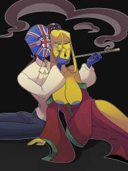 1boy 1girls big_breasts blue_body blue_nipples clothing confused_expression countryhumans countryhumans_girl exposed_breasts female grabbing_mouth male no_bra no_panties no_underwear playing qing_dynasty_(countryhumans) seducing smoking teasing treshik united_kingdom_(countryhumans) yellow_body yellow_skin