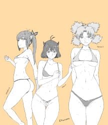 3girls ahoge arms_behind_back ass bikini black_clover blunt_bangs blush breast_grab breasts cameltoe character_name crossover curvaceous dungeon_ni_deai_wo_motomeru_no_wa_machigatteiru_darou_ka embarrassed ergokami feet_out_of_frame female female_only front_view g-string grabbing_own_breast hestia_(danmachi) highleg highleg_swimsuit holding_partner horns long_hair looking_at_viewer micro_bikini midriff multiple_girls naruto naruto_(series) naruto_shippuden parted_bangs partially_colored petite plain_background ponytail pussy quad_tails secre_swallowtail short_hair side_view sideboob simple_background skimpy skimpy_bikini smile swimsuit take_your_pick temari text thong thong_bikini twintails wide_hips yellow_background