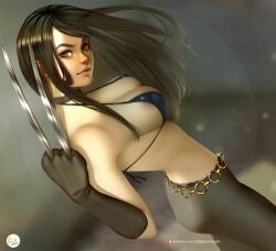 ass black_hair bra bubble_butt claws cleavage didi_esmeralda gloves green_eyes large_breasts laura_kinney long_hair looking_at_viewer marvel marvel_comics panties_peek tight_pants x-23 x-men