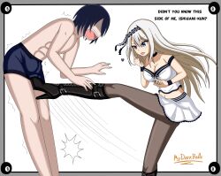 1boy 1girls ballbusting bdsm_outfit black_hair blue_eyes bondage cbt cock_and_ball_torture dominant domination female ishigami_yu kaguya-sama_wa_kokurasetai_~tensai-tachi_no_renai_zunousen~ kick_in_the_balls male medium_breasts mydarkballs sadomasochism shirogane_kei tongue_out white_hair