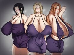 3girls armpits big_breasts black_hair bleach blonde_hair blue_eyes blush boa_hancock breasts cleavage clothing crossover ear_piercing earrings erect_nipples female female_only forehead_jewel huge_breasts large_breasts lips long_hair matsumoto_rangiku mature mature_female mature_woman milf mole mole_under_mouth multiple_girls naruto naruto_(series) nipples_visible_through_clothing one_piece orange_hair shioriichii steam steamy_breath the_big_6 tsunade yellow_eyes