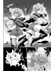 asian_mythology big_breasts black_and_white blood bodily_fluids boots breasts cape clothing comic death decapitation demon east_asian_mythology fan_no_hitori female footwear goblin goblin_male hair hi_res horn horned_humanoid huge_breasts humanoid humanoid_pointy_ears japanese_mythology male male/female male_death manga melee_weapon mole_on_breast monochrome multiple_deaths mythology oni ranged_weapon raygun shirt short_pants sword topwear weapon yokai