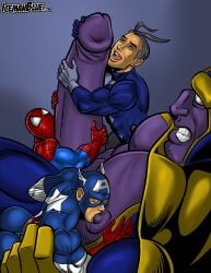 4boys anal_sex avengers balls big_pecs big_penis captain_america closed_eyes erection gay hi_res icemanblue looking_at_another looking_down male male/male male/male/male male_only marvel marvel_comics muscles muscular muscular_male nipples partially_clothed pecs penetration penis purple_body purple_skin sex smaller_male spider-man spider-man_(series) sucking_nipples thanos