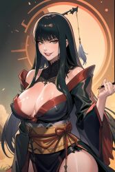 1girls ai_generated bare_shoulders big_breasts blunt_bangs boob_window chocker dark_hair evil_grin evil_smile feather_hair_ornament final_fantasy final_fantasy_xiv green_eyes grin hair_pin japanese_clothes japanese_clothing kimono kiseru long_hair long_sleeves mole_under_eye nipple_bulge nipple_slip nipples no_bra ornate_clothing pelvic_curtain revealing_clothes smirk smirking_at_viewer split_dress stable_diffusion tagme thighs yotsuyu_(final_fantasy_xiv)