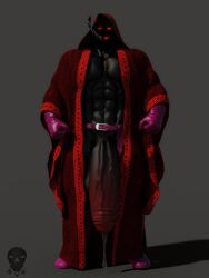 big_penis black_skin bonerdvoideater gloves hood hooded_robe hyper_penis long_tongue muscular muscular_male purple_gloves purple_shoes red_clothes red_clothing red_eyes robes shoes veiny_penis