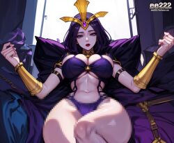 ai_generated breast_press crossed_legs ee222_aiart huge_breasts imminent_sex league_of_legends leblanc narrow_waist navel purple_eyes purple_hair red_lipstick short_hair stable_diffusion