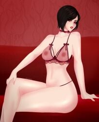 1girls absurd_res ada_wong areolae black_hair breasts breasts_visible_through_clothing capcom choker crossed_legs female female_only lingerie looking_at_viewer nipples partially_clothed red_eyes resident_evil resident_evil_4 resident_evil_4_remake see-through see-through_lingerie seiluna sitting solo