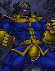 1boy bulge_through_clothing clothed clothing gay group hi_res icemanblue imminent_sex looking_at_another male_only marvel multiple_boys muscular muscular_male nipples pecs purple_fur thanos