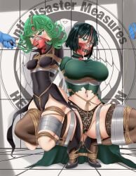 2girls _dress angry arms_behind_back big_breasts black_dress black_hair black_panties black_underwear bondage bound bound_together breasts captured captured_heroine choker collar crotch_rope crotch_rope_pull female female_focus femsub frogtie fubuki_(one-punch_man) gag gagged green_dress green_eyes green_hair harness_gag high_heels inflatable_gag inflatable_insertable multiple_girls multiple_subs one-punch_man rope rope_bondage sisters sitting_on_lap size_difference small_breasts tape tape_bondage tatsumaki torn_clothes underwear