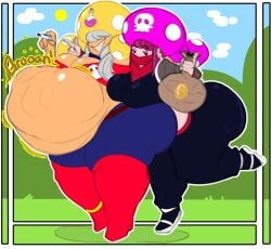 2girls ambiguous_prey belly belly_bulge big_belly big_belly_bulge breasts detailed_bulge digestion female female_pred mario_(series) mobiustheice multiple_girls multiple_preds multiple_prey ninja nintendo oral_vore original_character original_characters outdoors soft_vore super_mario_bros. tara_(mobiustheice) vore vore_belly