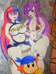 after_kiss alear_(female)_(fire_emblem) bandana_waddle_dee bikini blue_hair caught_in_the_act f.m. female_pubic_hair fire_emblem fire_emblem:_three_houses fire_emblem_engage fire_emblem_warriors:_three_hopes five_nights_at_freddy's freddy_(fnaf) kirby_(series) kissing purple_hair red_hair saliva_string saliva_trail shez_(female)_(fire_emblem) super_smash_bros. swimsuit yuri