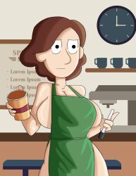 apron apron_only black_eyes breasts brown_hair hilda_(series) huge_breasts johanna_(hilda) large_breasts light-skinned_female light_skin nahual13 naked_apron starbucks topwear voluptuous voluptuous_female wide_hips