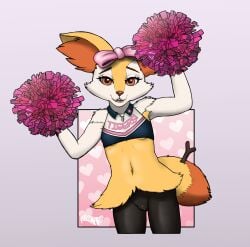 2022 accessory anthro bottomless bottomwear bow_(feature) bow_accessory bow_ribbon brai-brai_(fulconarts) braixen breasts centered_hair_bow cheek_tuft cheerleader clothed clothing cute_expression cute_eyes digital_media_(artwork) facial_tuft female fluffy front_view fulconarts generation_6_pokemon genitals hair_accessory hair_ribbon hairbow hi_res looking_at_viewer neck_tuft nintendo nipple_slip nipples pokemon pokemon_(species) pom_poms pussy ribbons short simple_background skirt slim small_breasts small_waist smile smiling_at_viewer solo tuft uniform