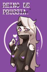 1girls censored censored_nipples countryhumans countryhumans_girl female female_only heart heart_censor long_hair prussia_(countryhumans) purple_background purple_eyes simple_background spanish_text text white_hair