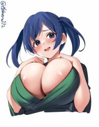 areola_slip blue_eyes blue_hair blush breasts cleavage cropped_torso ebifurya female green_kimono hands_up highres japanese_clothes kantai_collection kimono large_breasts looking_at_viewer no_bra one-hour_drawing_challenge open_mouth parted_bangs simple_background smile solo souryuu_(kantai_collection) twintails twitter_username upper_body white_background