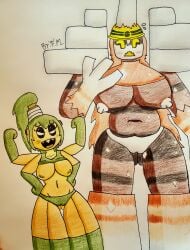 anthro brown_hair chubby_female f.m. garganacl golem green_hair huge_breasts humanoid kyojiohn multi_arm multi_leg multi_limb pokémon_(species) pokemon pokemon_(species) pokemon_sv shy size_difference spider spidops wanaider wide_hips