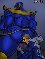 2boys ass balls big_balls big_butt clothed clothing from_behind gay hi_res icemanblue licking_balls looking_at_another looking_back male male/male male_only marvel marvel_comics mostly_clothed muscular muscular_male sex smaller_male thanos thick_thighs