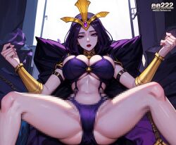 ai_generated breast_press crossed_legs ee222_aiart huge_breasts imminent_sex league_of_legends leblanc narrow_waist navel purple_eyes purple_hair red_lipstick short_hair spread_legs stable_diffusion