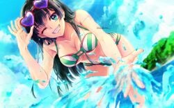 1girls beach bent_over big_breasts bikini black_hair breasts busty cleavage female female_only green_eyes hi_res large_breasts leaning_forward legs long_hair looking_at_viewer navel ocean one_eye_closed saten_ruiko smile solo sunglasses_on_head thighs to_aru_kagaku_no_railgun to_aru_majutsu_no_index voluptuous water wink