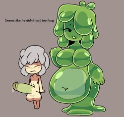 1boy 1girls big_belly bigger_female brickey cum cum_inflation cumflated_belly cumflation english_text huge_balls huge_breasts huge_cock pregnant simple_background slime slime_girl slymee small_but_hung smaller_male sycneit_(artist) translucent_body