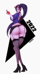 apple back_tattoo garter_straps heels holding_object large_ass long_hair looking_at_viewer mchoi141 overwatch panties pinup ponytail purple_hair purple_skin skirt skirt_up stockings sunglasses sunglasses_on_head tentacle widowmaker