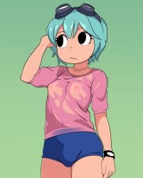 1girls blue_shorts clothed clothing glasses glasses_on_head green_hair kohiitiimo light-skinned_female light_skin nipples_visible_through_clothing ramona_flowers scott_pilgrim shorts