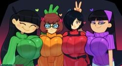 4girls ada_wong black_hair breast_press brown_hair codename:_kids_next_door crossover eyeshadow female female_only fully_clothed green_sweater hair_band hair_over_one_eye huge_breasts kuki_sanban large_breasts long_hair mystery_inc orange_sweater peace_sign purple_sweater red_sweater resident_evil resident_evil_4 resident_evil_4_remake scooby-doo short_hair simple_background smile somescrub standing sweater_dress the_fairly_oddparents trixie_tang upper_body velma_dinkley