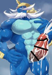 anthro bara beard big_penis blue_body blue_skin boner censored_penis cum cum_on_penis erection facial_hair furry genital_slit horn male male_only muscles muscular musk nintendo orgasm penis pokémon_(species) pokemon samurott sea_lion sharkinn solo solo_male sweaty white_hair