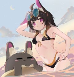 1girls ahoge animal_ears bare_midriff bare_shoulders belly_button bikini black_bikini black_hair bunny bunny_ears bunny_girl crescent crescent_moon exposed_shoulders exposed_torso fluffy_ears glasses glasses_on_head gradient_hair hair_ribbon hand_on_hip indie_virtual_youtuber light_blush looking_at_viewer midriff moon navel nemusagi pout purple_eyes rabbit rabbit_ears rabbit_girl rei_mii1 ribbon round_glasses small_breasts solo solo_female swimsuit swimwear tummy two_tone_bikini two_tone_hair virtual_youtuber water yellow_bikini yellow_hair