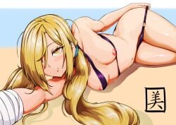 beach binbougami_ga! blonde_hair cast hair_over_one_eye looking_at_viewer mad_bianca_(artist) momiji_(binbougami_ga!) nipple_slip nipples public small_breasts stripping swimsuit swimsuit_aside twintails uninterested yellow_eyes